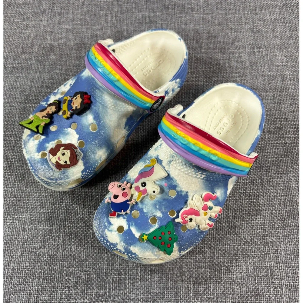 Crocs Kids Blue Cloud Rainbow Clog Shoes Toddler 9 Disney Peppa Jibbitz Charms